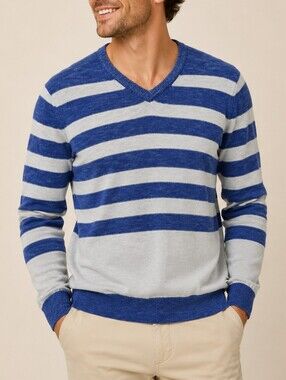 Kenneth Cole Mens V-Neck Sweater Blue Gray Striped Medium Preppy Classic Knit